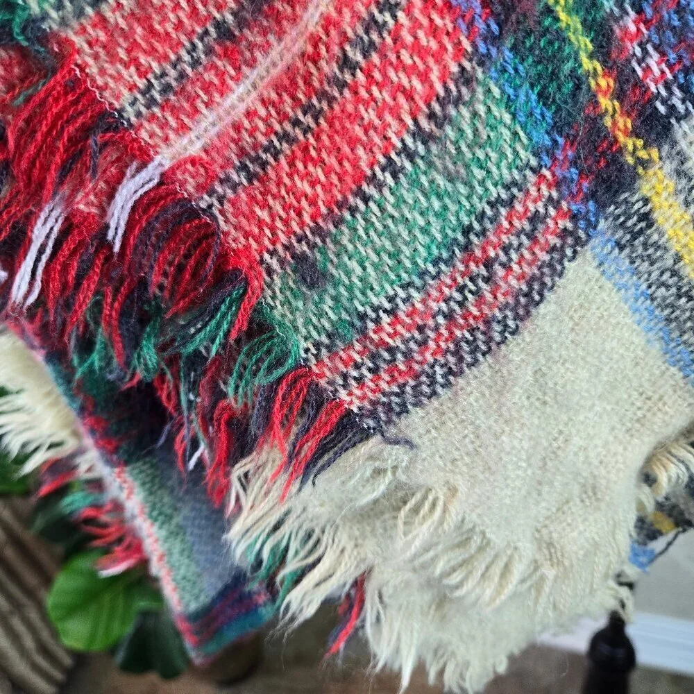 Large Square Plaid Blanket Scarf Red Green Cream Yellow Fringed Edges